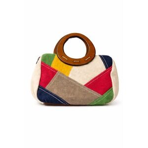 Relic Canvas Patchwork Handbag Multicolor Wooden Round Handles Boho Tote Bag